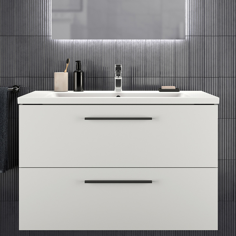 Ideal Standard i.life B Double Drawer Wall Hung Unit with Basin Matt White 1000mm with Matt Black Handles