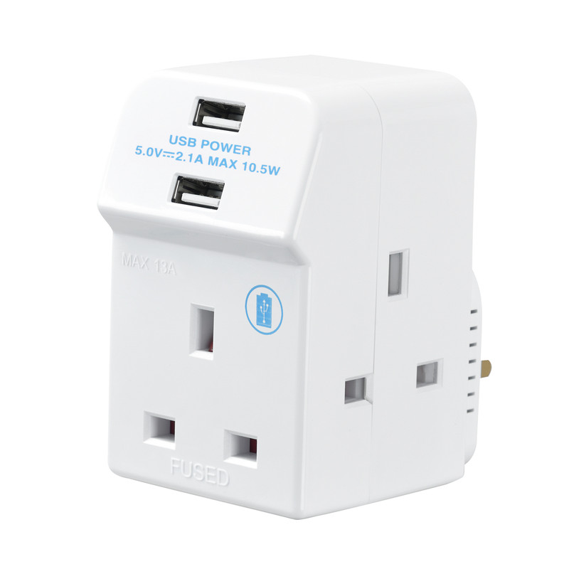 3 Socket 13A Multisocket Adapter 2 x 2.1A USB