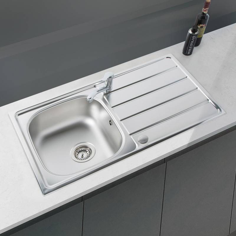 Reversible Stainless Steel Compact Kitchen Sink & Drainer With Single Lever Mixer Tap Single Bowl
