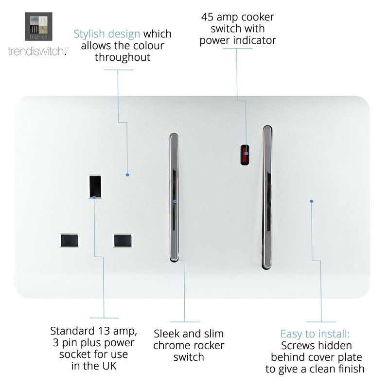 Trendiswitch White 13 Amp Cooker Switch & Socket with Neon 2 Gang