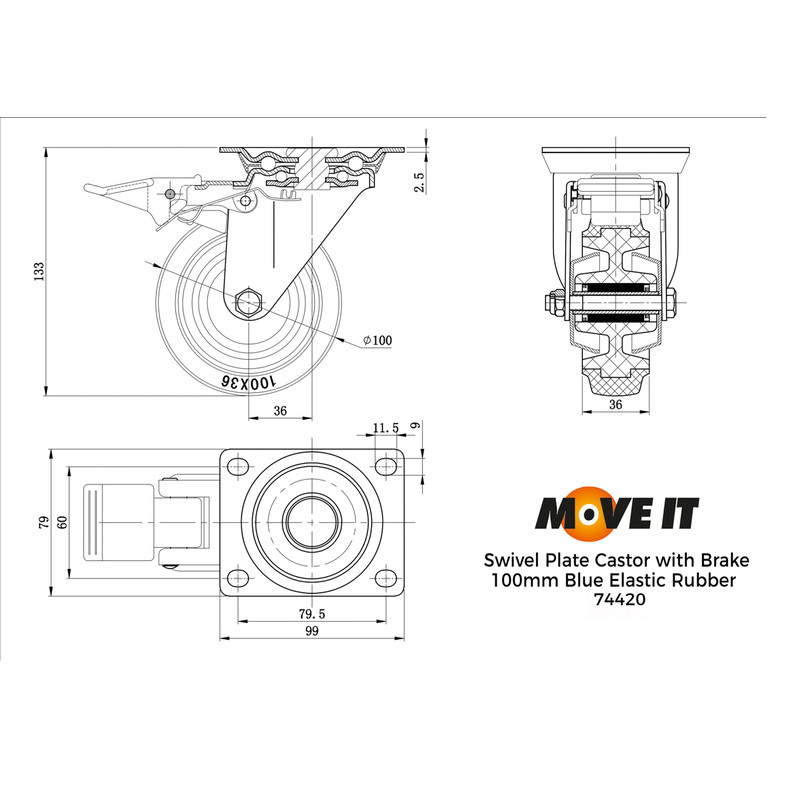 General Duty Electric Blue Castor Swivel + Brake 100mm / 125kg