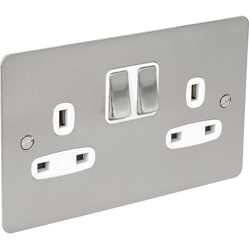 Flat Plate Satin Chrome 13A Socket 2 Gang DP