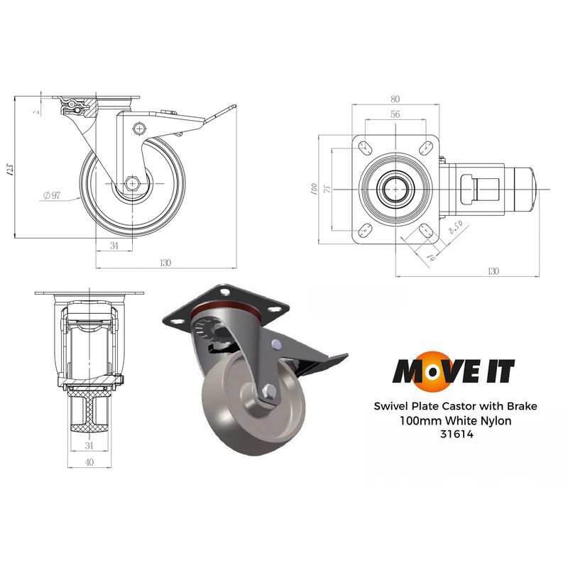 Swivel Wheel with Brake Castor 100mm 125kg