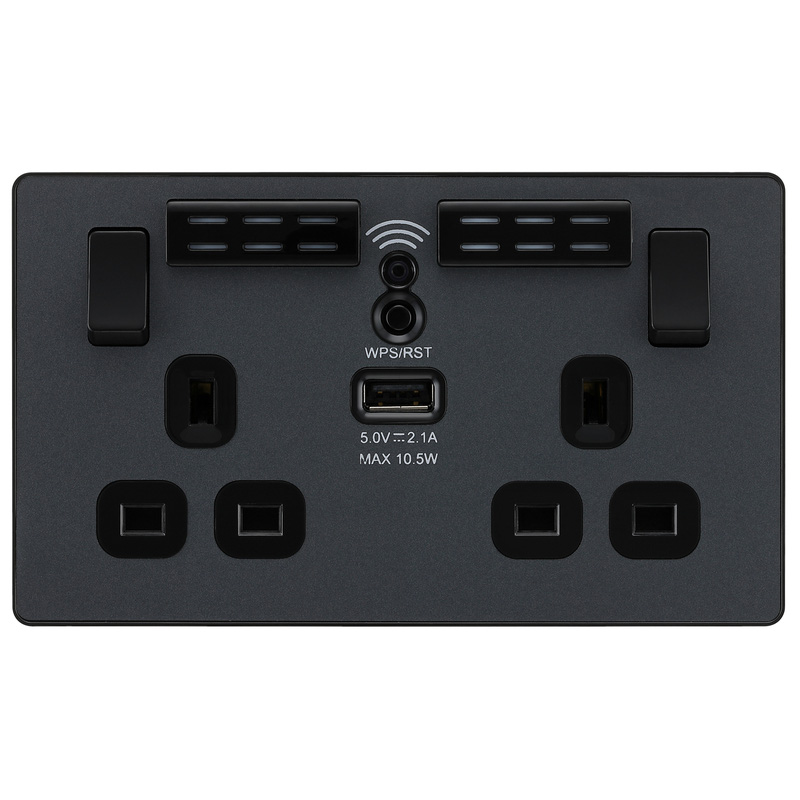 BG Evolve Matt Grey (Black Ins) Wifi Extender Double Switched 13A Power Socket + 1X Usb (2.1A)