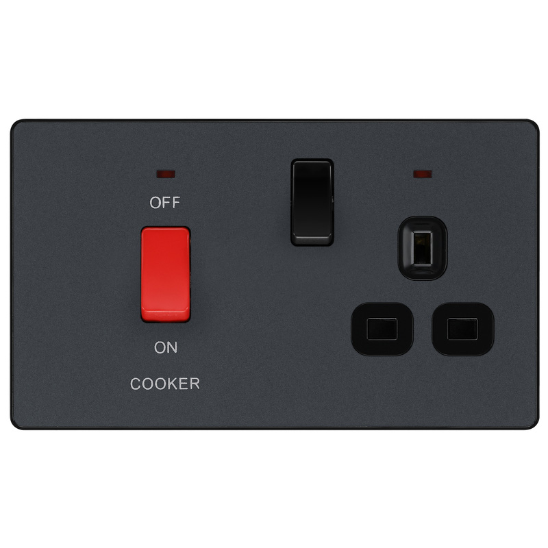 BG Evolve Matt Grey (Black Ins) Cooker Control Socket, Double Pole Switch With Led Power Indicators