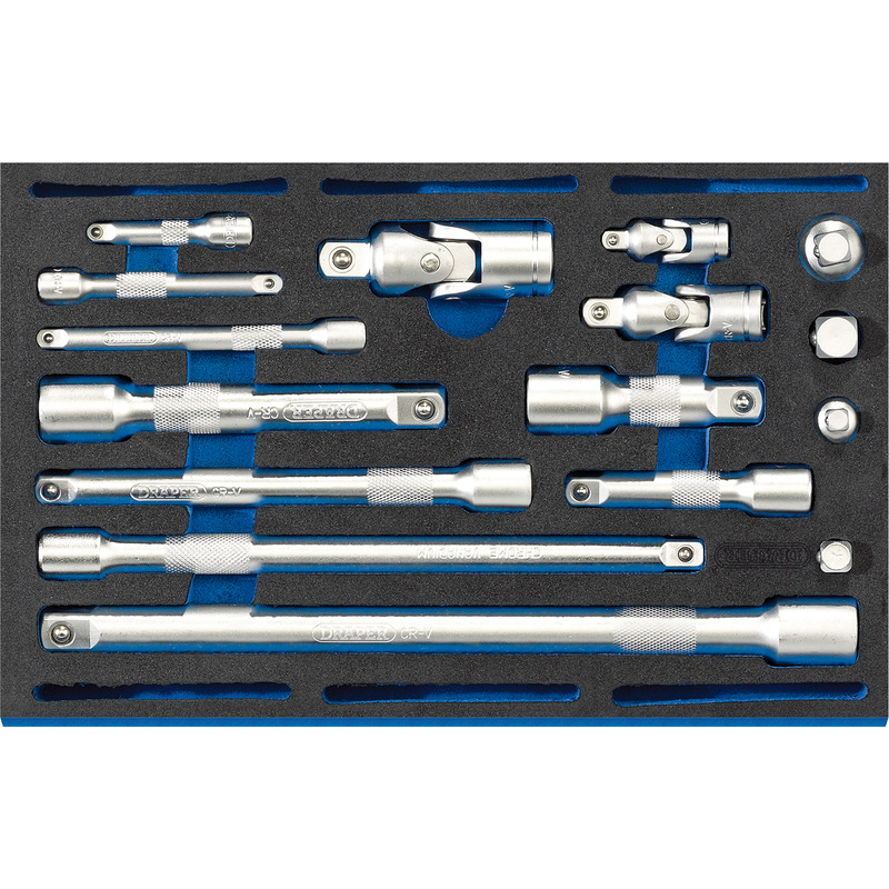 Draper Extension Bar, Universal Joints and Socket Convertor Set 1/4 Drawer EVA Insert Tray 16 Piece