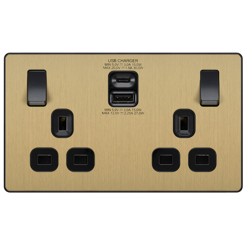 BG Evolve Brushed Brass (Black Ins) Double Switched 13A Power Socket + Usb C 30W + Usba (2.1A)
