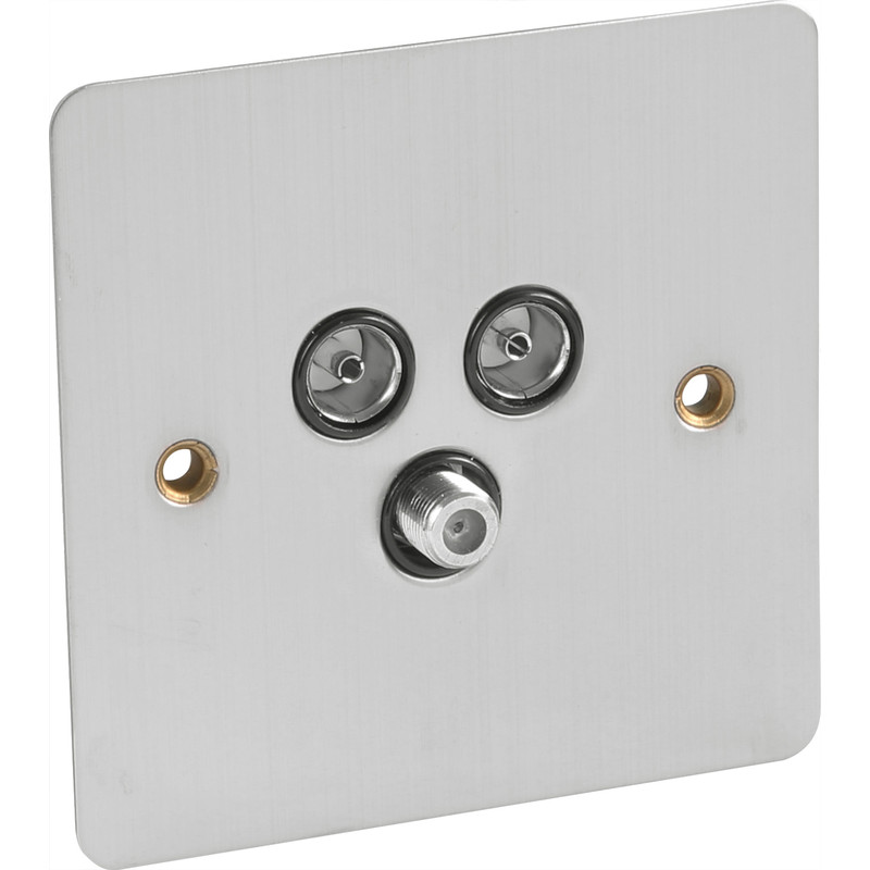 Flat Plate Satin Chrome Satellite Socket Outlet Satellite/TV/FM