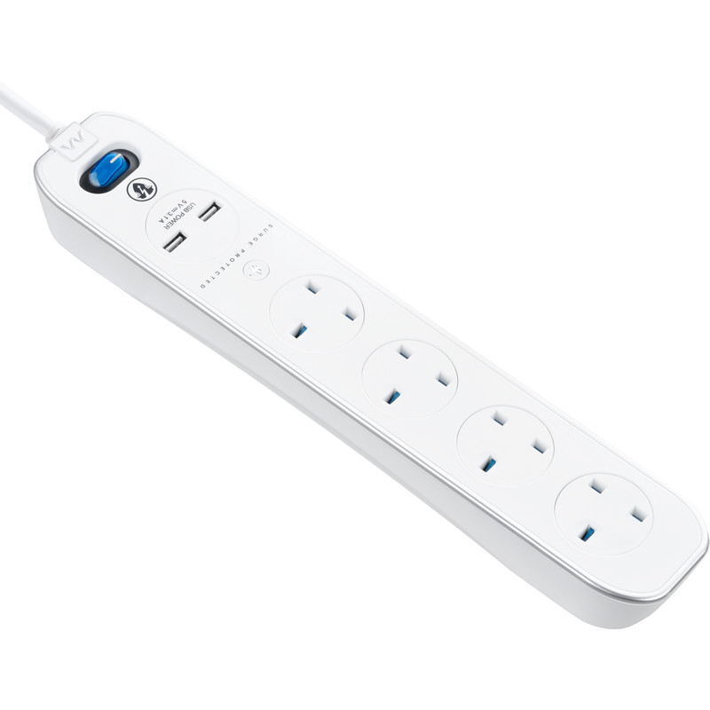 4 Socket Switched Extension Lead + 2 x 3.1A USB Inline Surge - Gloss White 2m