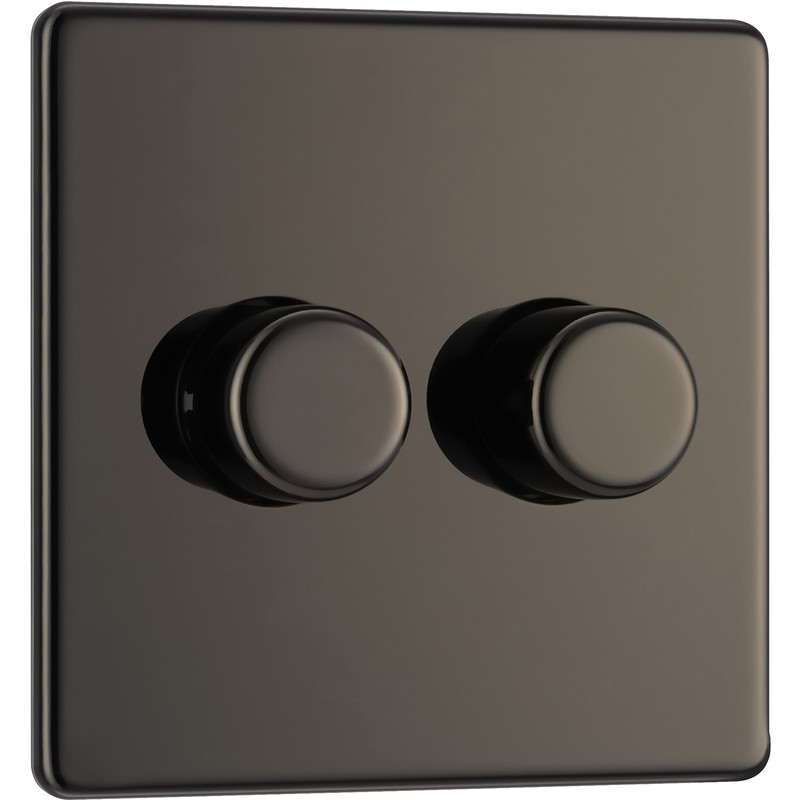 BG Screwless Flat Plate Black Nickel Dimmer Switch 2 Gang 2 Way