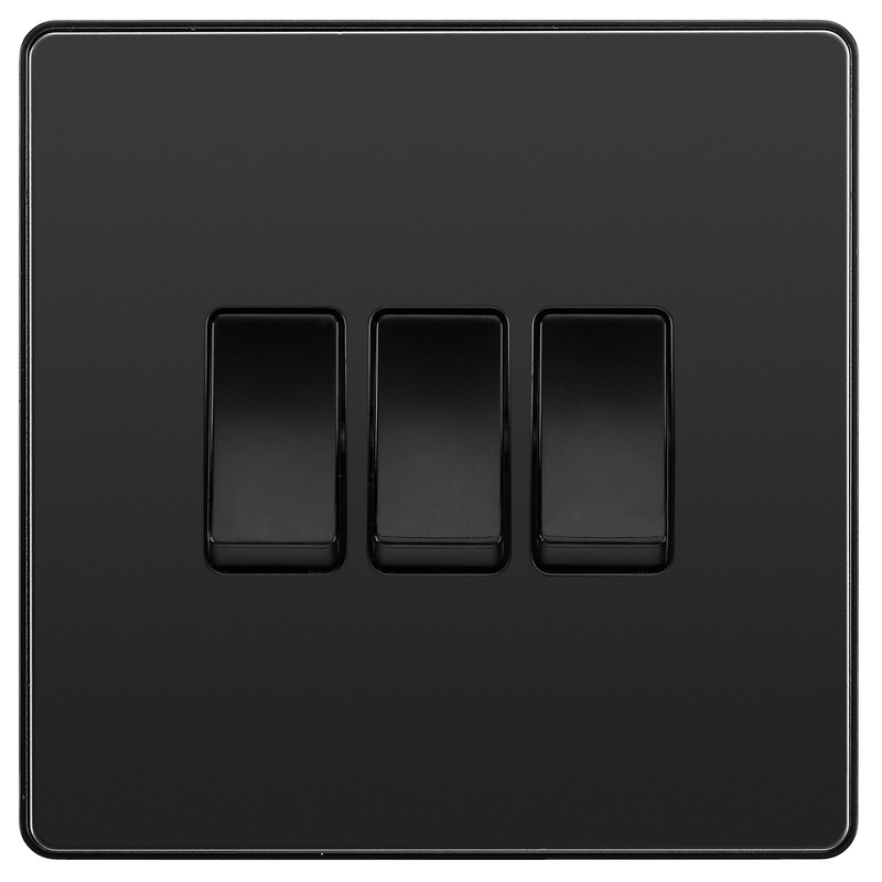 BG Evolve Black Chrome (Black Ins) Triple Light Switch, 20A 16Ax, 2 Way