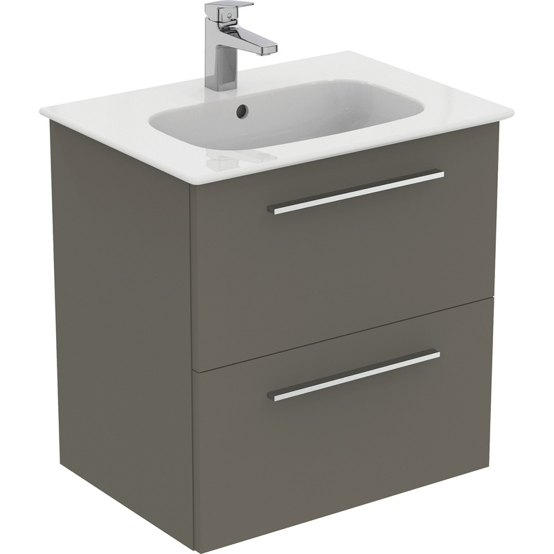 Ideal Standard i.life A Double Drawer Wall Hung Vanity Unit with Basin Matt Quartz Grey 600mm with Brushed Chrome Handles