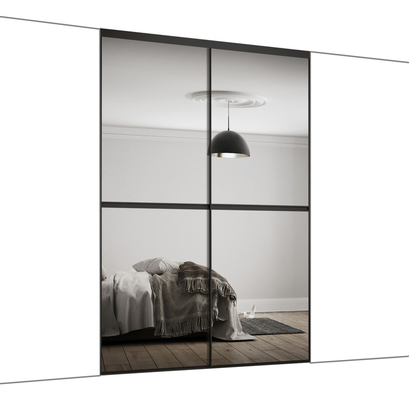 Spacepro Minimalist 2 Door Sliding Wardrobe Kit Black Framed Silver Mirror Doors 1200 x 2260mm