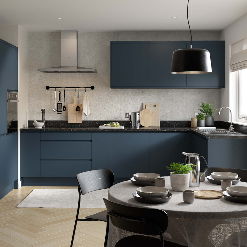Kitchen Kit Flatpack J-Pull Kitchen Cabinet Pull Out Base Blind Corner Unit Ultra Matt Indigo Blue 1000mm Left Hand