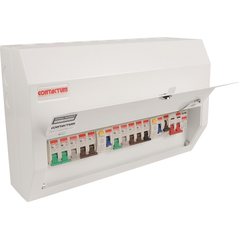 Contactum High Integrity Dual Type A RCD + 10 MCBs Consumer Unit + Surge 10 Way plus Surge Protector