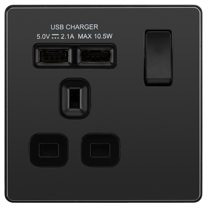 BG Evolve Black Chrome (Black Ins) Single Switched 13A Power Socket + 2 X Usb (2.1A)