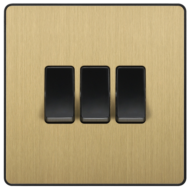 BG Evolve Brushed Brass (Black Ins) Triple Light Switch, 20A 16Ax, 2 Way
