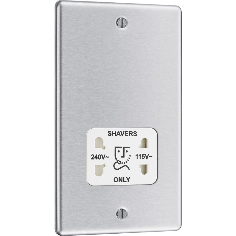 BG Brushed Steel Dual Voltage White Insert Shaver Socket