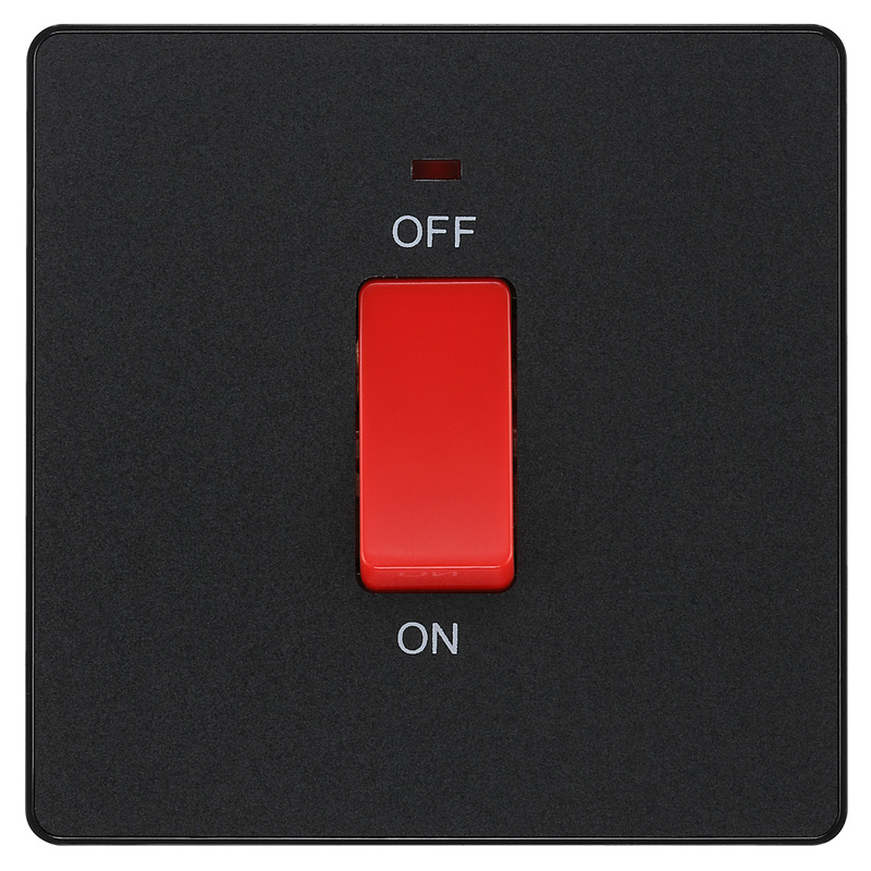 BG Evolve Matt Black (Black Ins) 45A Square Switch, Double Pole With Led Power Indicator