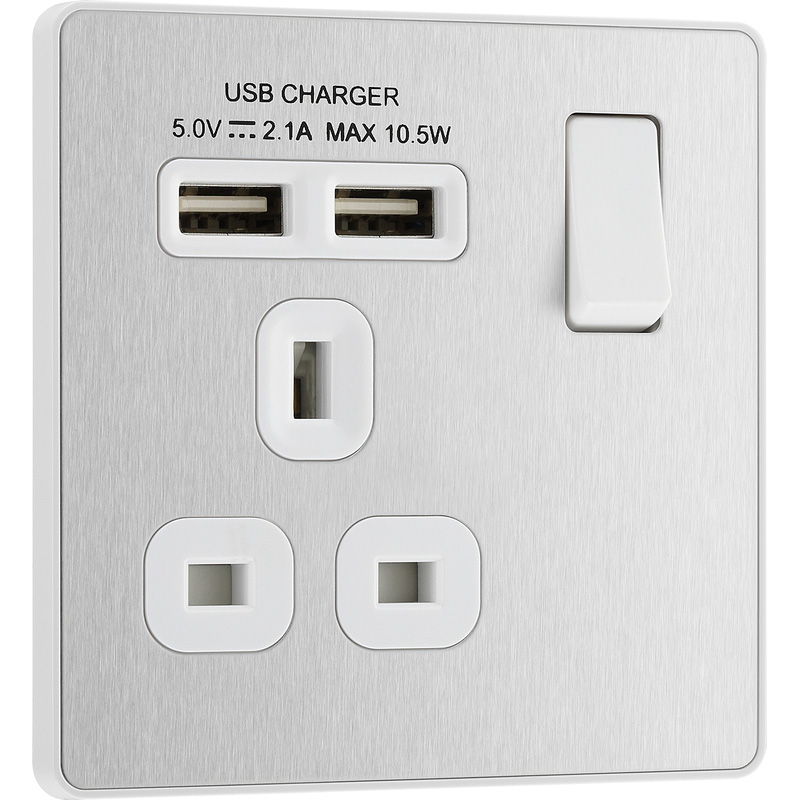 BG Evolve Brushed Steel (White Ins) Single Switched 13A Power Socket + 2 X Usb (2.1A)