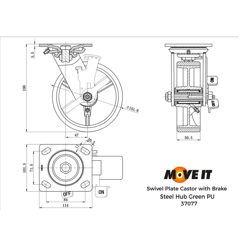 Green Mould-On Poly Steel Hub Swivel + Brake 150mm