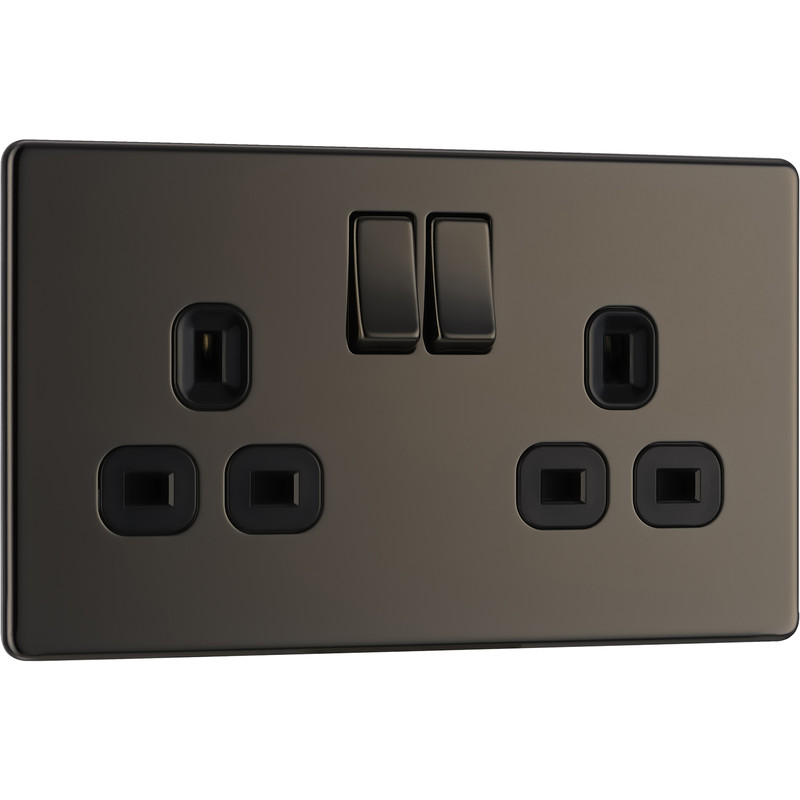 BG Screwless Flat Plate Black Nickel 13A DP Switched Socket 2 Gang