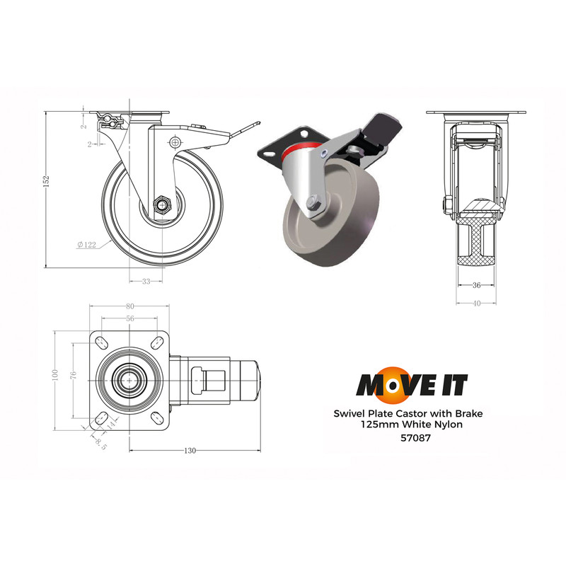 Swivel Wheel with Brake Castor 125mm 160kg