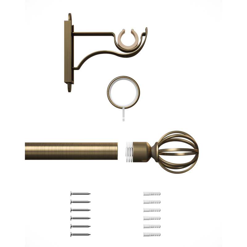 Rothley Curtain Pole Kit with Cage Orb Finials & Rings Antique Brass 25mm x 1829mm