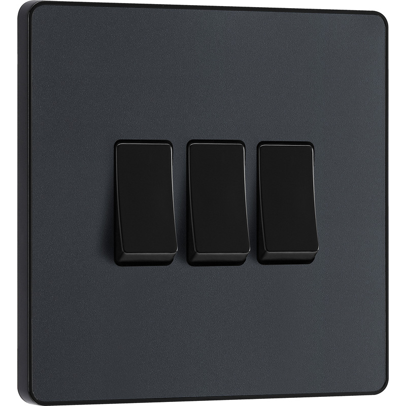 BG Evolve Matt Grey (Black Ins) Triple Light Switch, 20A 16Ax, 2 Way