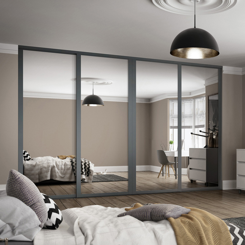 Spacepro Shaker 4 Door Sliding Wardrobe Kit Graphite Framed Mirror 2898 x 2260mm