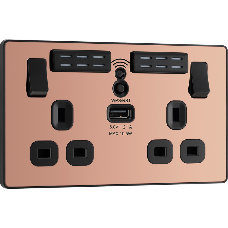 BG Evolve Polished Copper (Black Ins) Wifi Extender Double Switched 13A Power Socket + 1X Usb (2.1A)