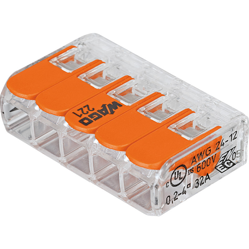 Wago 221 5 Way Compact Lever Connectors 0.14 to 4mm²