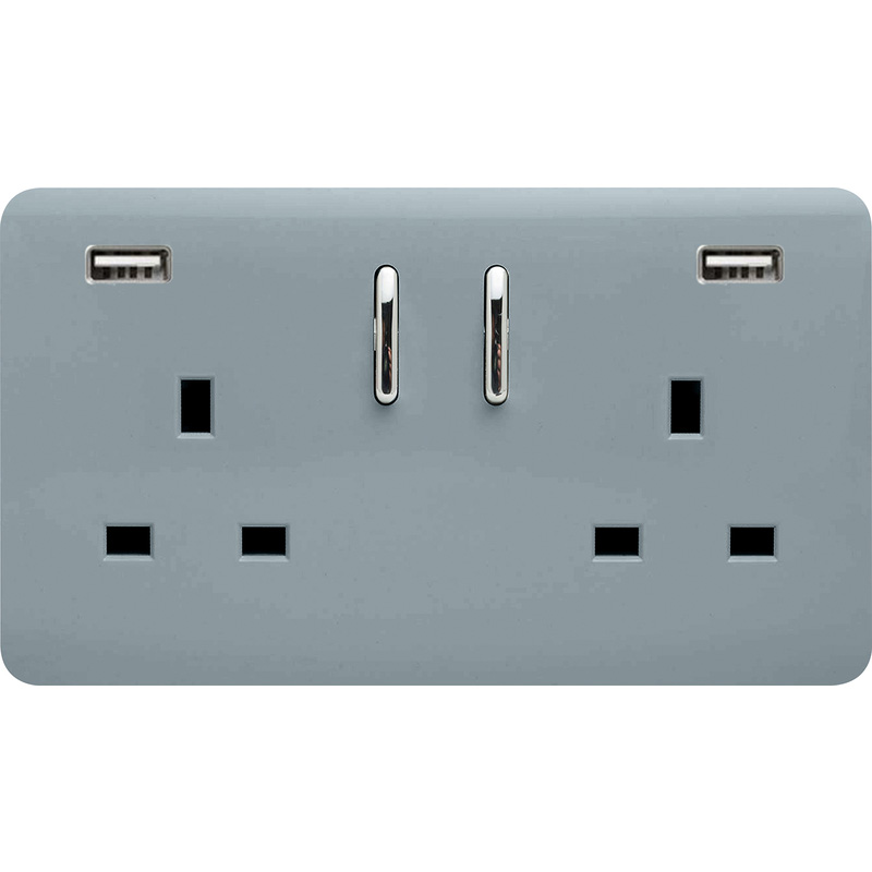 Trendiswitch Cool Grey 2 Gang 13 Amp Socket. 2X2.1MaH USB 2 Gang