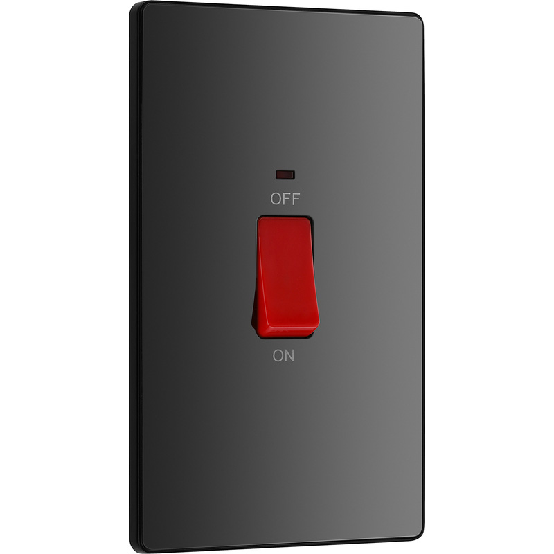BG Evolve Black Chrome (Black Ins) 45A Rectangular Switch, Double Pole With Led Power Indicator
