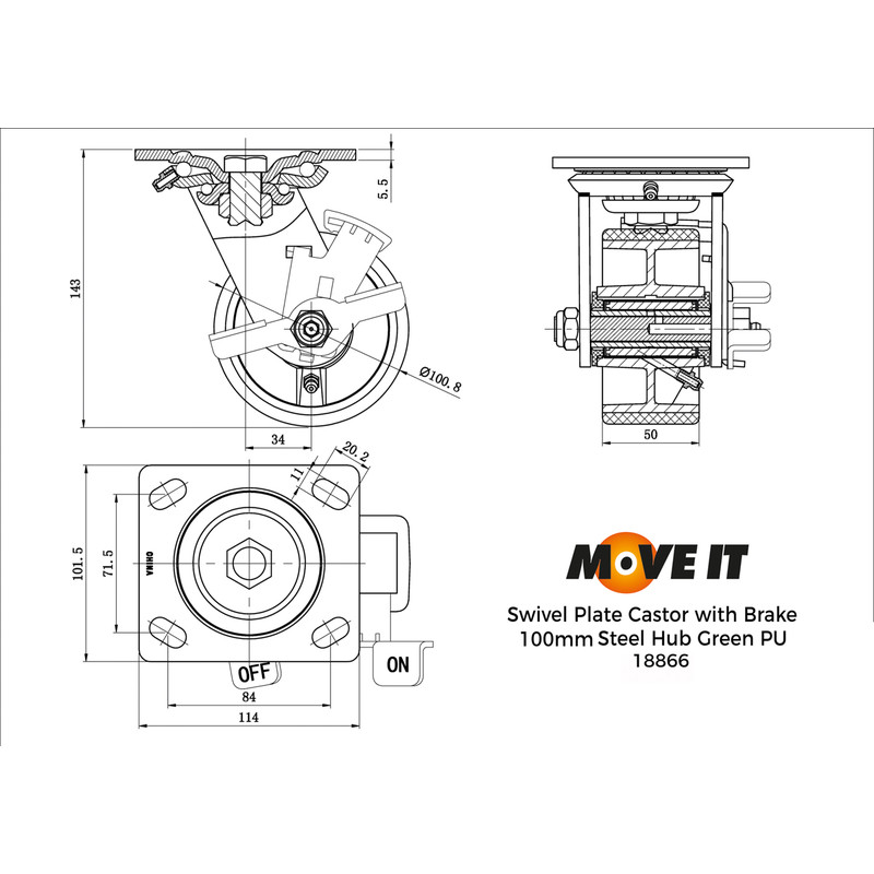 Green Mould-On Poly Steel Hub Swivel + Brake 100mm