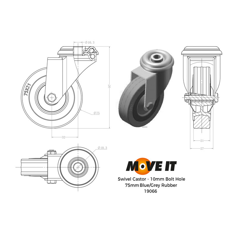 Grey Rubber Castor 75mm