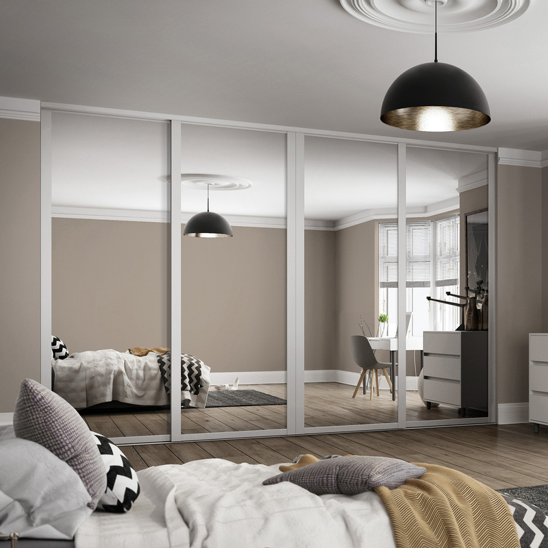 Spacepro Shaker 4 Door Sliding Wardrobe Kit White Framed Mirror 3506 x 2260mm