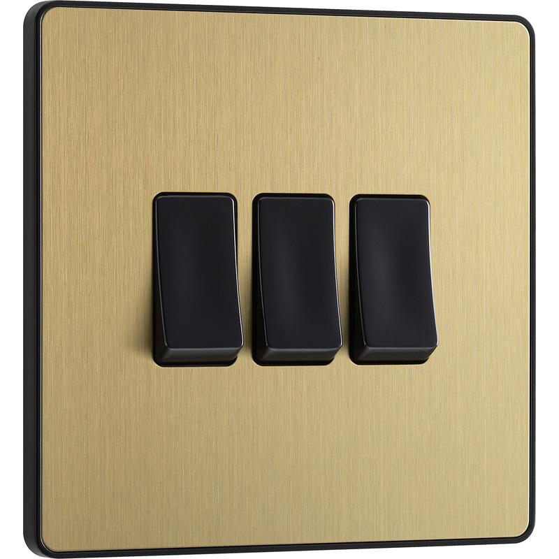 BG Evolve Brushed Brass (Black Ins) Triple Light Switch, 20A 16Ax, 2 Way