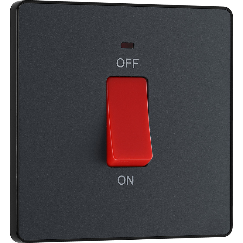 BG Evolve Matt Grey (Black Ins) 45A Square Switch, Double Pole With Led Power Indicator