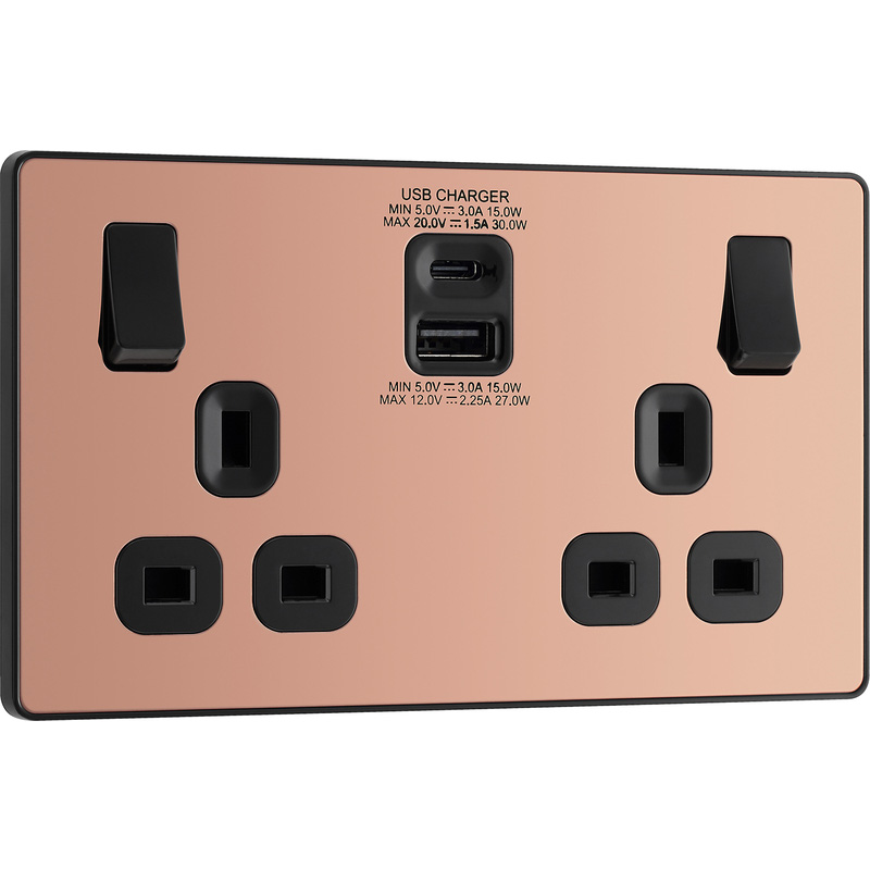 BG Evolve Polished Copper (Black Ins) Double Switched 13A Power Socket + Usb C 30W + Usba (2.1A)