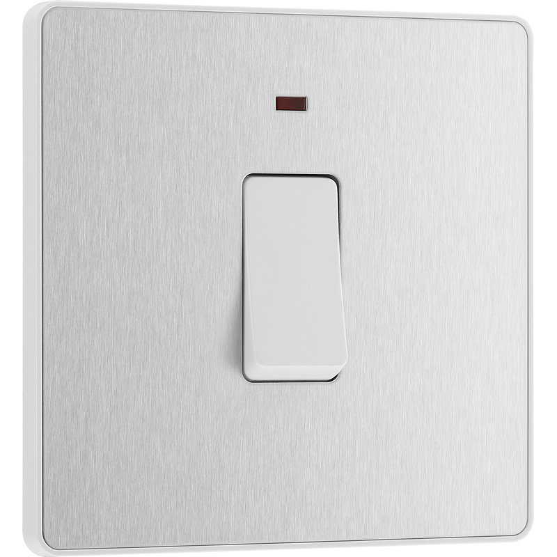 BG Evolve Brushed Steel (White Ins) 20A Switch, Double Pole With Power Led Indicator