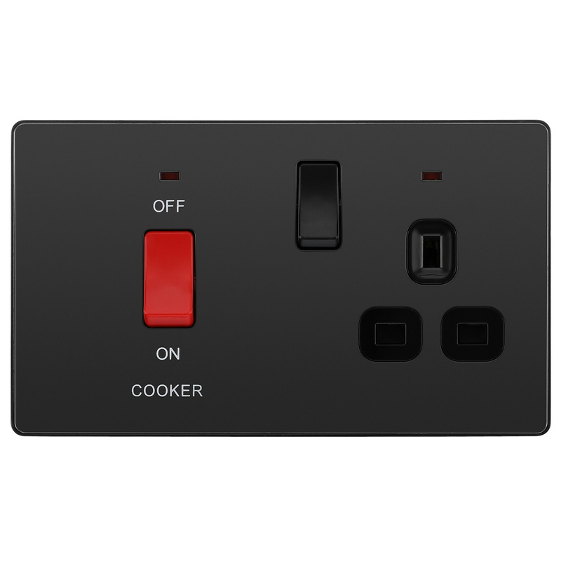 BG Evolve Black Chrome (Black Ins) Cooker Control Socket, Double Pole Switch With Led Power Indicators