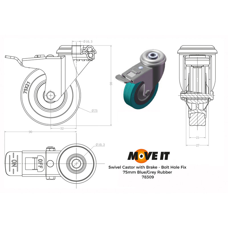 Grey Rubber Castor Braked 75mm