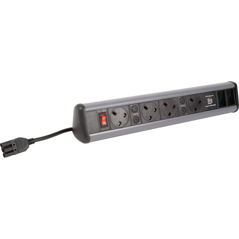 Desktop Power Outlet 4 x Sockets + 2 x CAT6 Couplers + 2 x USB