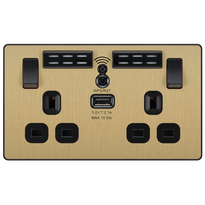 BG Evolve Brushed Brass (Black Ins) Wifi Extender Double Switched 13A Power Socket + 1X Usb (2.1A)