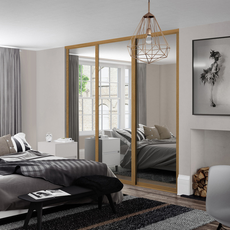 Spacepro Shaker 3 Door Sliding Wardrobe Kit Oak Framed Mirror 1680 x 2260mm