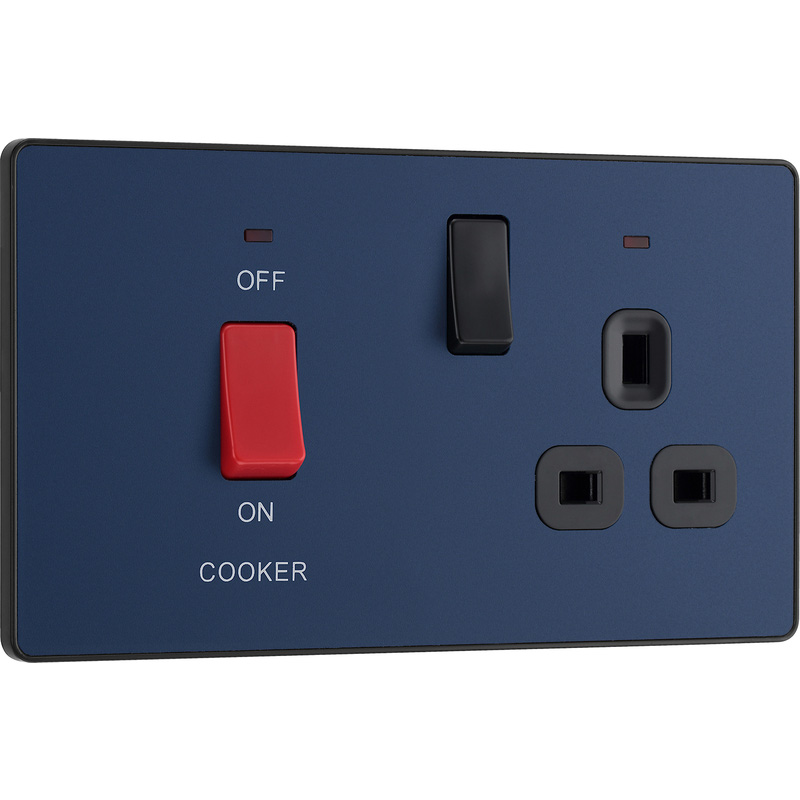 BG Evolve Matt Blue (Black Ins) Cooker Control Socket, Double Pole Switch With Led Power Indicators
