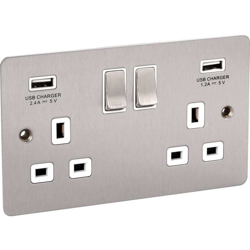 Flat Satin Chrome USB Switched Socket 13A 2 Gang + 2 USB