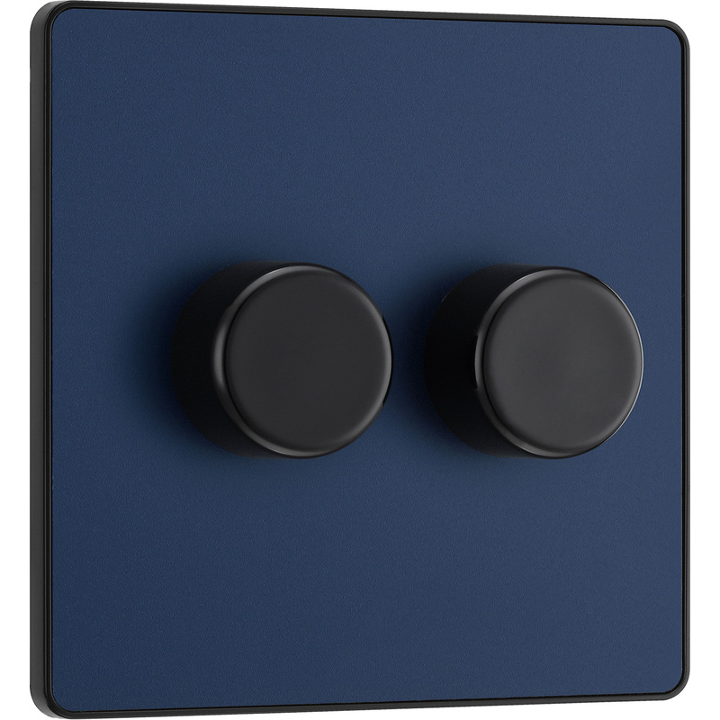 BG Evolve Matt Blue (Black Ins) Trailing Edge Led 200W Double Dimmer Switch, 2-Way Push On/Off