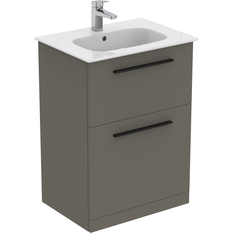 Ideal Standard i.life A Double Drawer Floor Standing Vanity Unit with Basin Matt Quartz Grey 600mm with Matt Black Handles